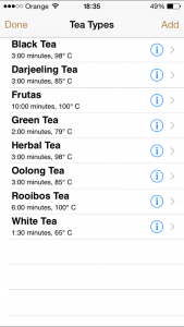 Lista de tés en la aplicación
